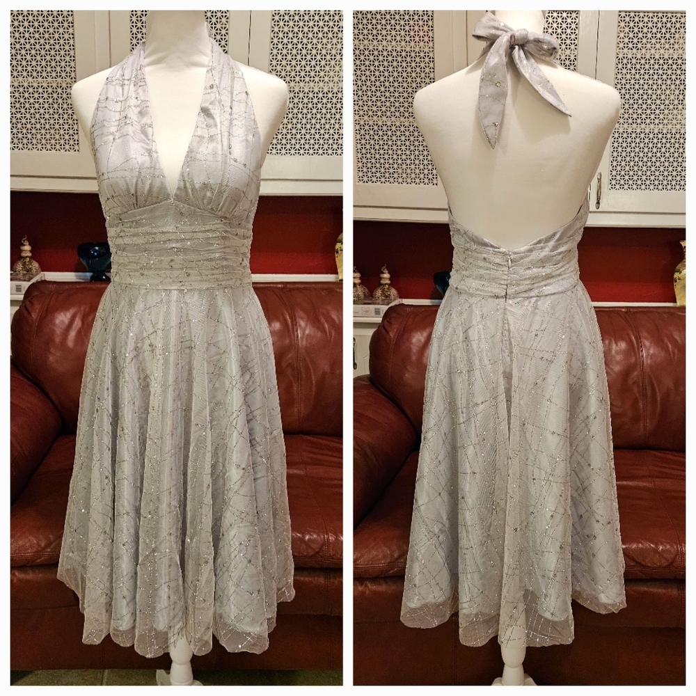 Adrianna Papell Silver Tulle Halter Dress